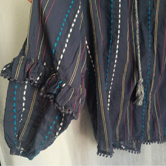 Ella Moss Blouse Womens L Blue Top Braided Tassels Fring Semi Sheer Boho Peasant - Picture 4 of 10
